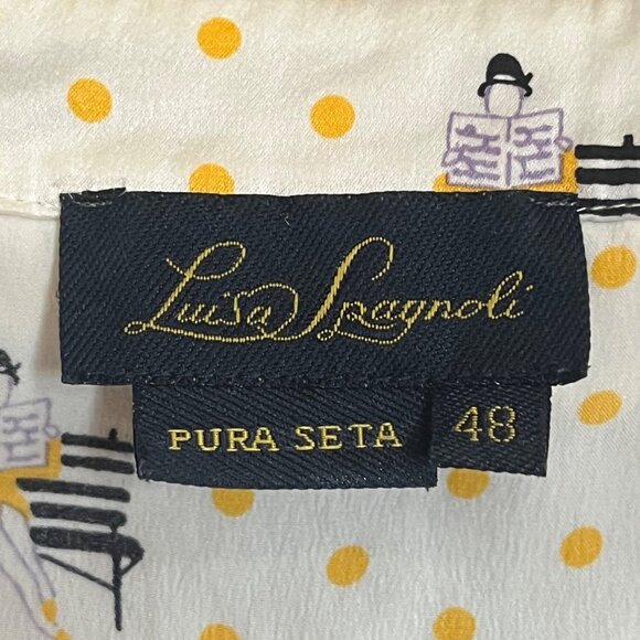 Luisa Spagnoli Silk Blouse Ruffle Bow Yellow Polka Dot Graphic Short Sleeve 48 - Picture 2 of 8